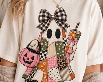 Patchwork Pink Ghost PNG, Checkered Halloween Ghost, Leopard Coquette Pumpkin Ghost, Girly Halloween Shirt Design, Cute Fall PNG