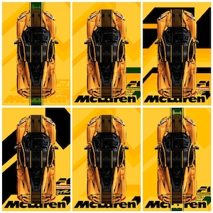 May include: A collection of six top-down views of a yellow and black McLaren GTR model car. Each image features the car centered on a yellow background with varying graphic patterns, including black geometric shapes and the text McLaren and F1.