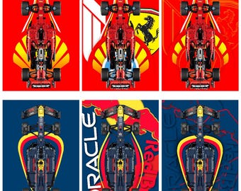 2025 Ferrari SF-24 + Red Bull Racing RB20 Formel 1 Lego Technic bilar - skala 1:8 - Väggmonterade digitala utskrifter (+ IKEA-ram kompatibel)