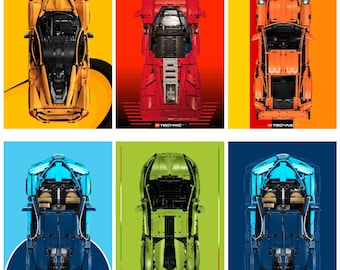 PAKET med minimalistiska - Lego Technic Superbilar i skala 1:8 och 1-10 - Väggmonterad displayram digitala utskrifter - bakgrunder