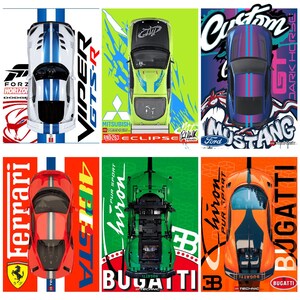 Sommar 2026 PAKET - 5 små Technic-bilar i skala 1:16 - Viper, 488 Pista, Mustang GT, F&F Eclipse... Displayram Bakgrund digitaltryck IKEA