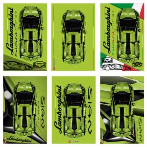 Könnte beinhalten: Eine Sammlung von sechs Postern, die ein aus Kunststoff-Bausteinen gefertigtes Modellauto Lamborghini Sian FKP 37 in Limettengrün zeigen. Jedes Poster zeigt das Auto aus der Vogelperspektive mit verschiedenen Anordnungen des Markennamens.