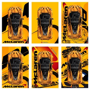May include: A collection of six posters featuring a top-down view of a yellow LEGO Technic McLaren sports car model. Each poster displays the car against a vibrant yellow background with black graphic elements, the McLaren logo, and text.