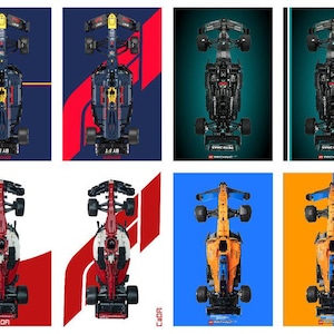 May include: A collection of twelve top-down view posters featuring Formula 1 race cars in various liveries including dark blue, teal, red, and orange. Each poster displays a detailed overhead perspective of a single-seater racing vehicle.