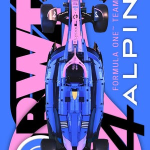 May include: A top-down view of a blue and pink Formula One race car model featuring the BWT logo on the wings and body. The text BWT ALPINE FORMULA ONE TEAM is displayed in white and black against a blue background with pink graphic elements.