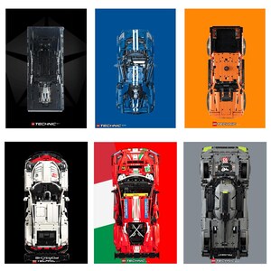 May include: A collection of six LEGO Technic model cars viewed from directly above. The vehicles are displayed against distinct backgrounds including black, blue, orange, red with white and green stripes, and gray, each featuring the Technic logo.