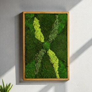 Rectangular Preserved Moss Wall Art, Vertical Green Panel with X Pattern, Modern Biophilic Wall Decor, Handmade Wooden Frame