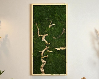 Moss and Bonsai Wood Wall Art with Dried Mushrooms, Vertical Forest Scene Decor, Handmade Woodland Wall Hanging, Office Nature Accent