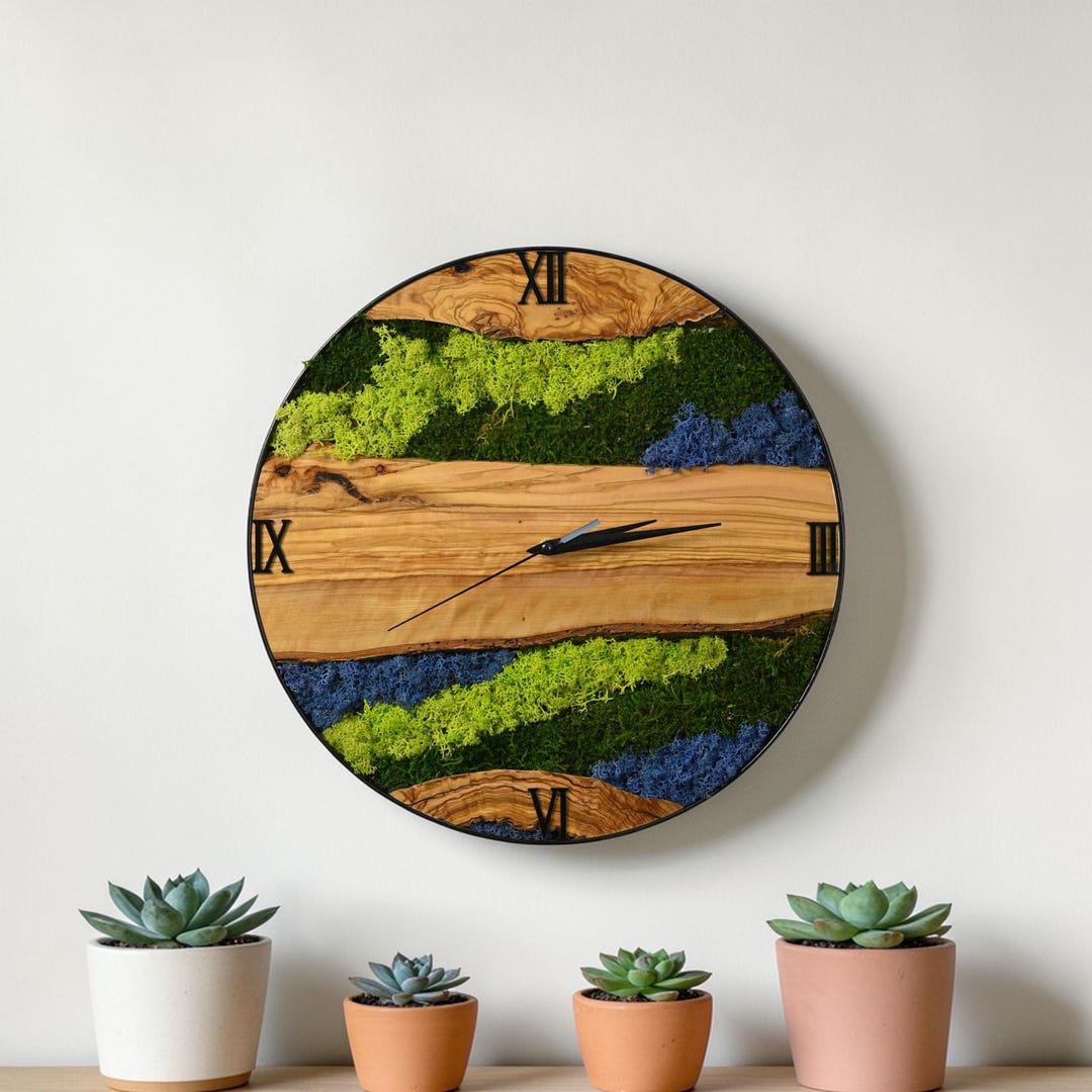 Moss and Olive Wood Wall Clock, Silent Sweep Timepiece, Modern Art ...