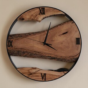 Unique Olive Wood Wall Clock, Round Metal Frame Clock, Roman Numeral Farmhouse Decor, Rustic Modern Living Room Accent