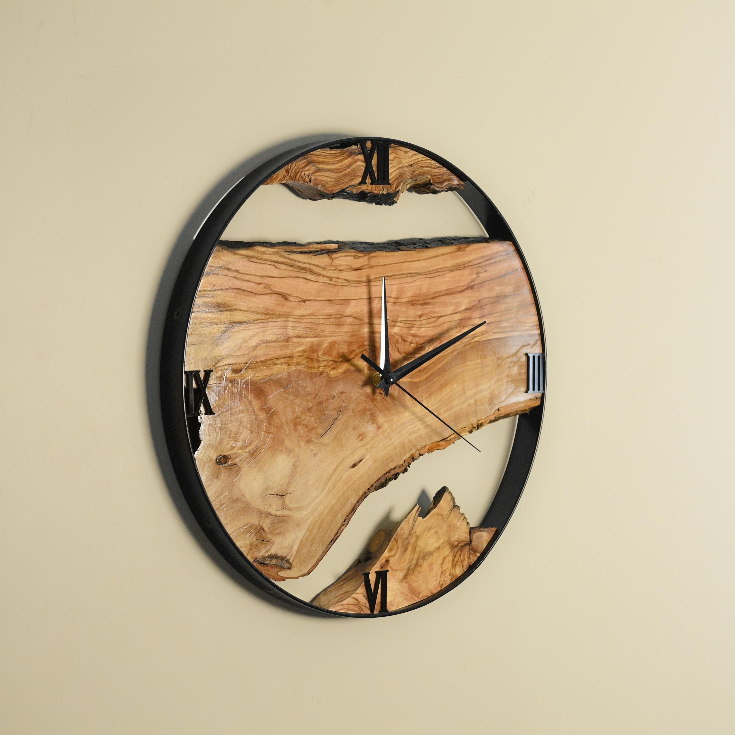 Olive Wood Wall Clock With Metal Frame, Rustic Round Handmade Wall Art ...