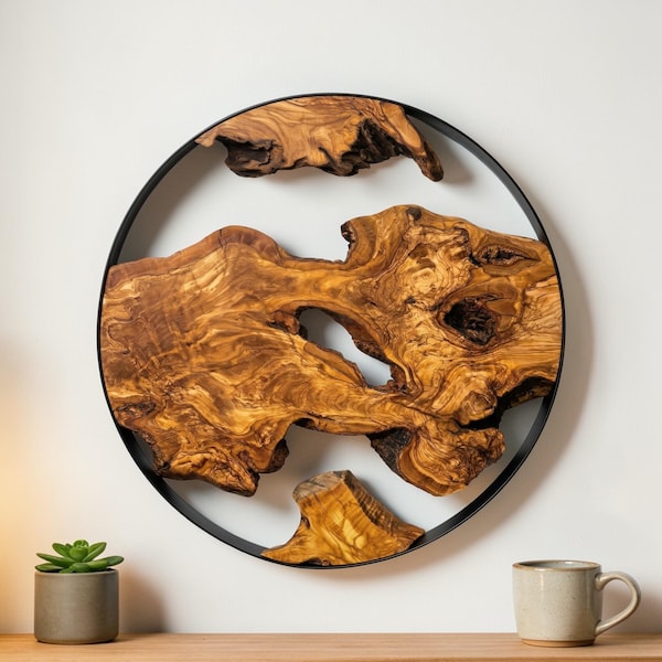 Handmade Olive Wood Wall Art with Metal Frame, Round Rustic Modern Wall Decor, Live Edge Home Accent, Unique Housewarming Gift