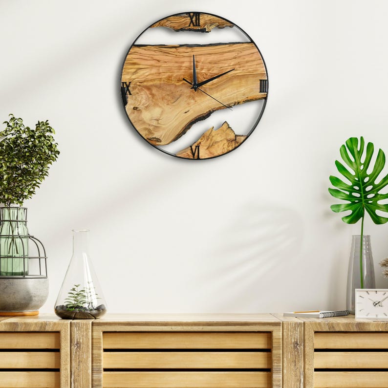 Olive Wood Wall Clock With Metal Frame, Rustic Round Handmade Wall Art ...