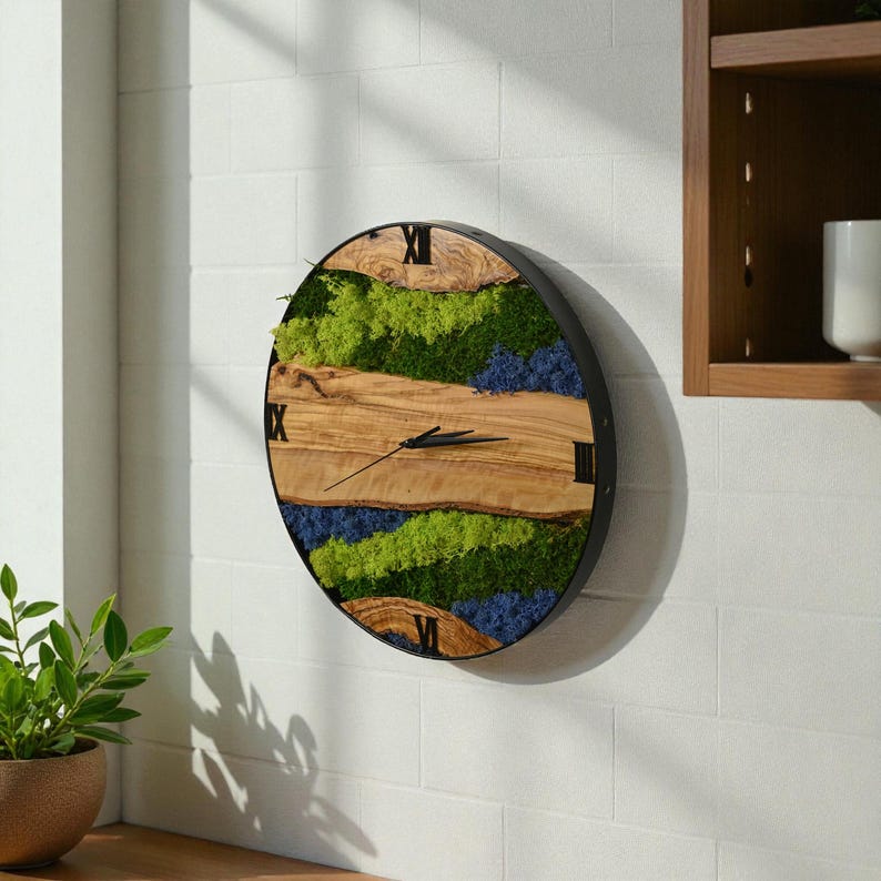 Handmade Olive Wood & Moss Wall Clock, Round Metal Frame Clock With ...