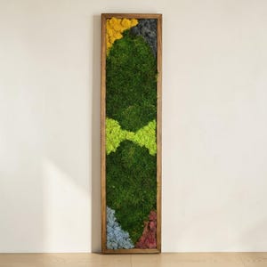 Arte mural de musgo vertical colorido, panel de musgo de reno preservado, decoración botánica biofílica moderna, decoración para el hogar inspirada en la naturaleza.