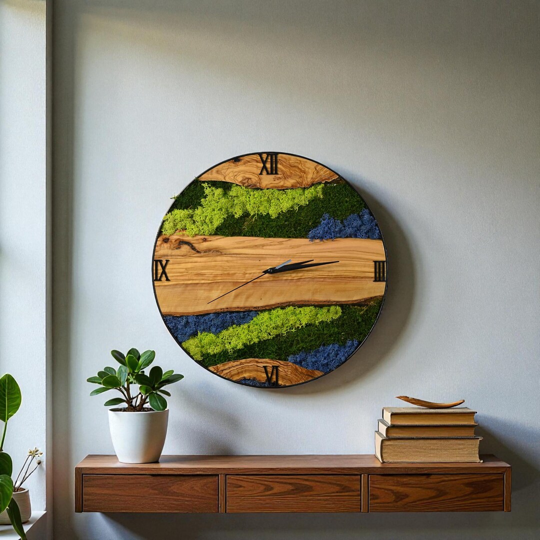 Handmade Olive Wood & Moss Wall Clock, Round Metal Frame Clock With ...