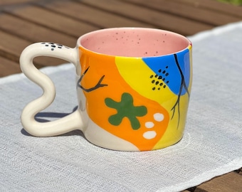 Colorful Handmade Ceramic Mug, Hand Painted Pottery Cup, Modern Gift for Coffee Lovers