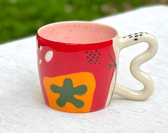 Ceramic Coffee Mug with Wavy Handle, Hand Painted Mug, Colorful Pottery Cup