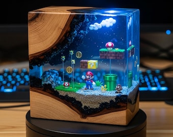 Handmade Epoxy Resin Super Mario Lamp with Olive Wood – LED Diorama Night Light for Gamers, Unique Super Mario Gift