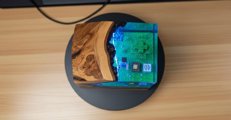 Handmade Epoxy Resin Minecraft Lamp With Olive Wood – LED Diorama Night ...