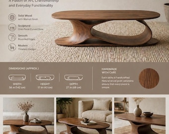 Long Sculptural Walnut Coffee Table, Modern Oval Curved Wood Center Table, Handmade Living Room Furniture