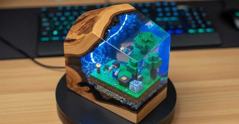 Handmade Epoxy Resin Minecraft Lamp With Olive Wood – LED Diorama Night ...