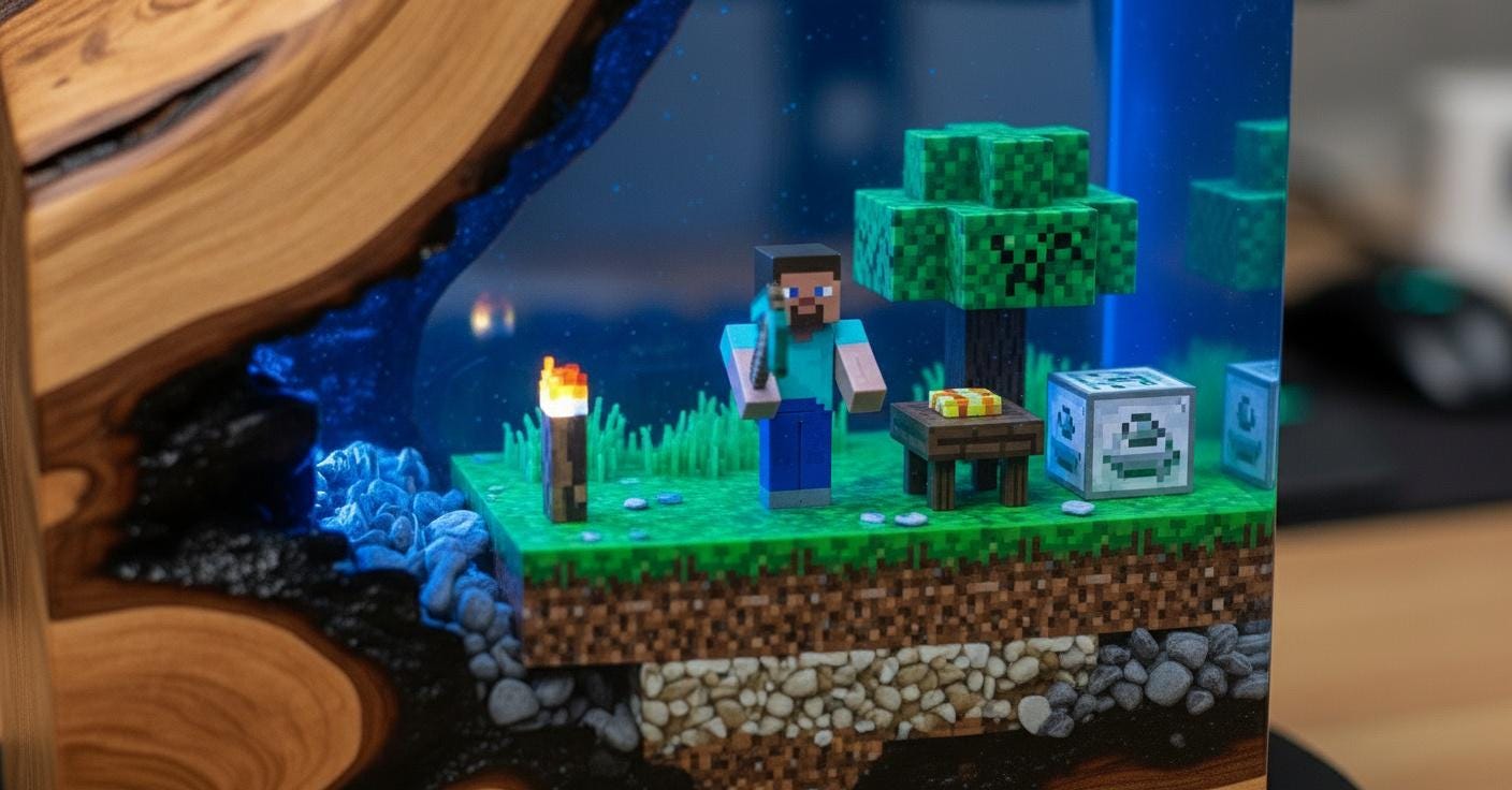 Handmade Epoxy Resin Minecraft Lamp With Olive Wood – LED Diorama Night ...