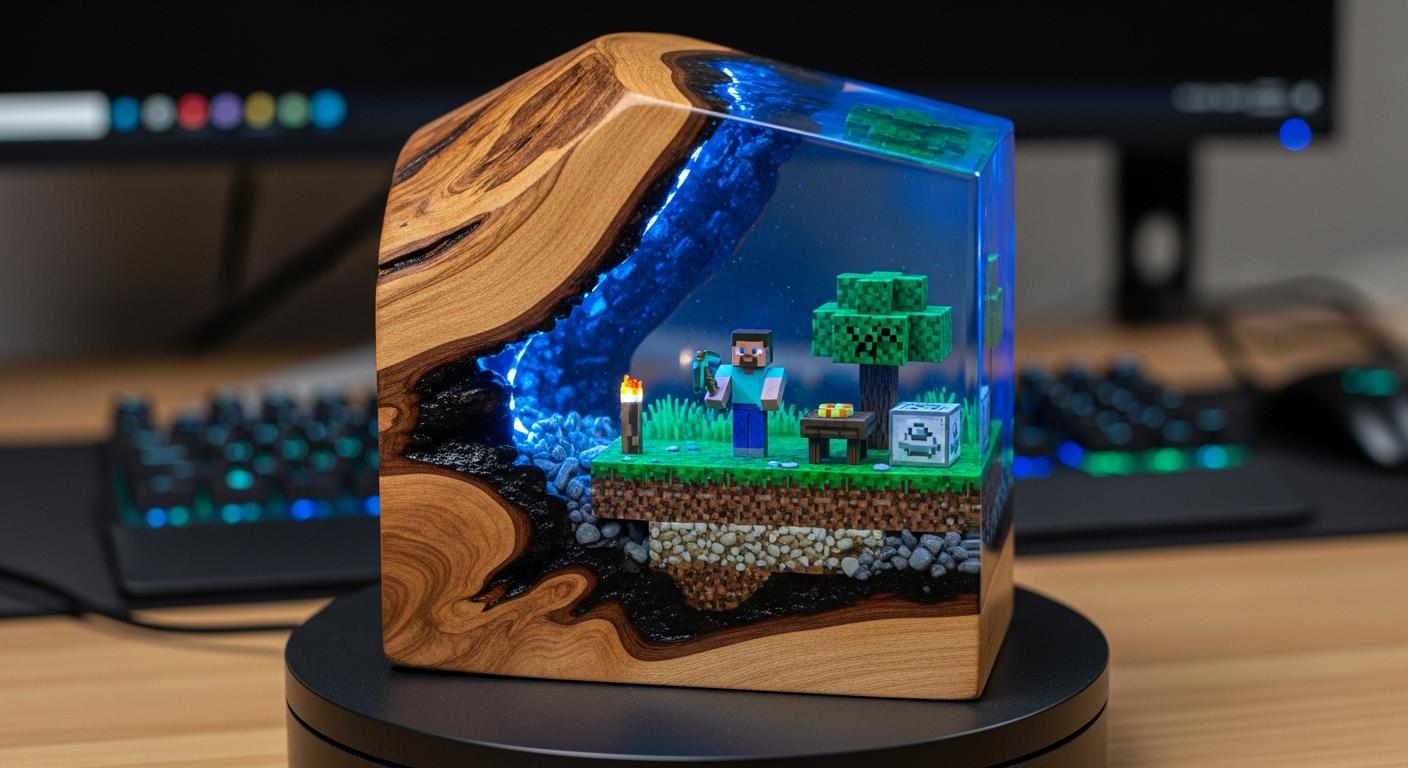 Handmade Epoxy Resin Minecraft Lamp With Olive Wood – LED Diorama Night ...