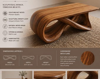 Infinity Loop Walnut Coffee Table, Modern Sculptural Curved Wood Center Table, Handmade Organic Living Room Furniture