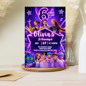 May include: A vibrant invitation for Olivia's 6th birthday, featuring a neon purple design with cartoon characters. The invitation includes the date, time, and location details. The overall theme is a modern, colorful celebration.