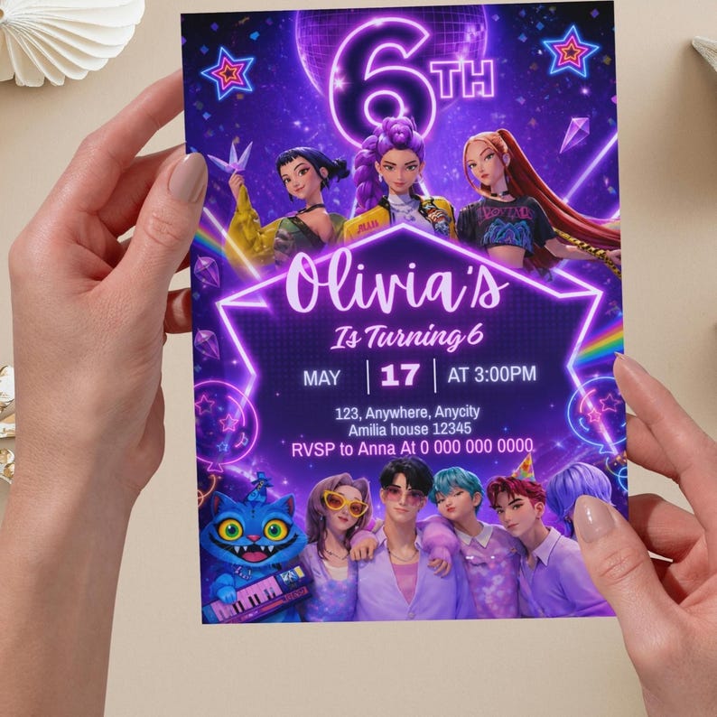 May include: A purple birthday invitation with the text "Olivia's Is Turning 6." The invitation features illustrations of animated characters and the date May 17th at 3:00 PM. The RSVP information is also included.