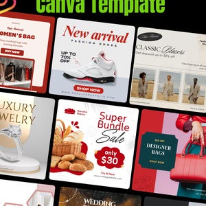 May include: A promotional graphic for Canva templates, featuring various product ads. The ads showcase items like bags, shoes, blazers, and jewelry. Text includes "New Arrival," "Super Bundle Sale," and "Wedding Ring Sale."