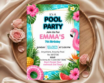 Pool Party Invitation, Editable pool Party birthday Invitation template, summer party invite, kids water splash party invitation Digital