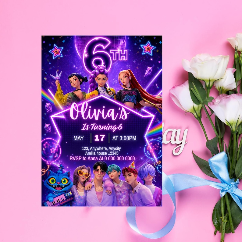 May include: A birthday invitation with a purple and pink theme. The invitation features a graphic of a group of people and the text "Olivia's Is Turning 6" with the date and time. A bouquet of white flowers with a blue ribbon is on the right.