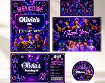 K-Pop Demon Hunters Birthday Invitation Bundle, Editable Party Decor (Digital Download)