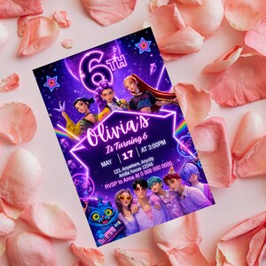 May include: A birthday party invitation with a purple and blue design. The invitation reads "Olivia's Is Turning 6" with the date and time. The invitation features cartoon characters and is surrounded by pink rose petals.