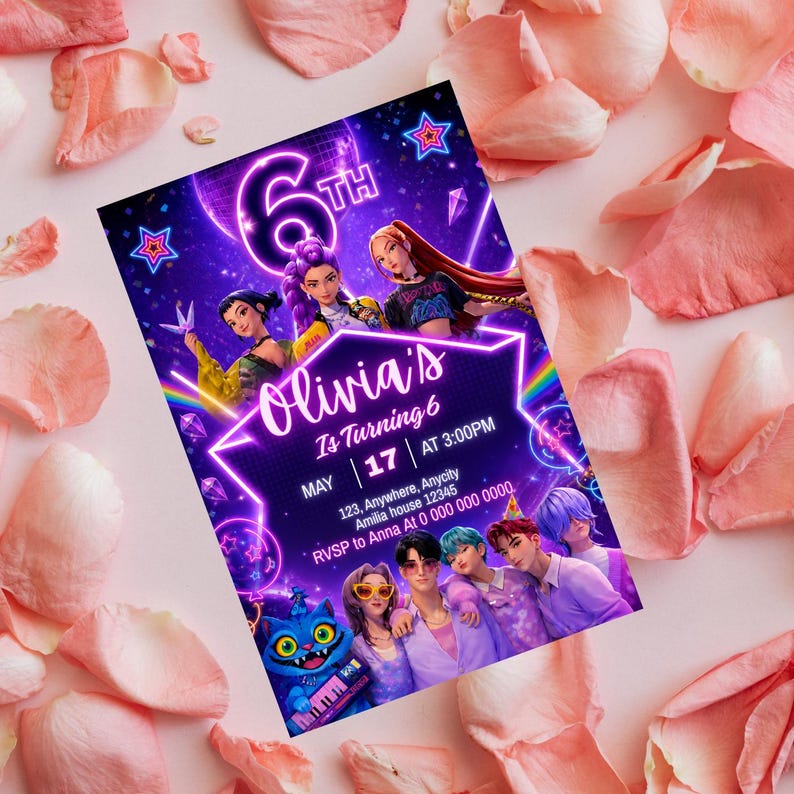 May include: A birthday party invitation with a purple and blue design. The invitation reads "Olivia's Is Turning 6" with the date and time. The invitation features cartoon characters and is surrounded by pink rose petals.