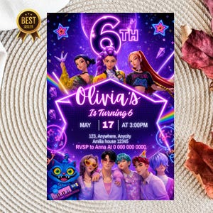 May include: A vibrant birthday party invitation featuring a purple and blue design with the text "Olivia's Is Turning 6". The invitation includes the date, time, and location, along with a "Best Seller" seal.