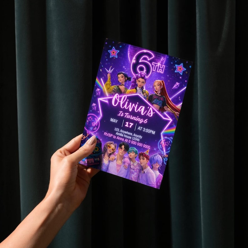 May include: A purple and white birthday invitation with the text "Olivia's Is Turning 6". The invitation includes the date, time, and RSVP information. The design features illustrations of people and stars.