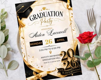 Class of 2026 Graduation Invitation Template, Black Gold Party Invite (Digital Download)
