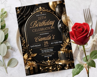 Black Gold Birthday Invitation Template, Elegant Editable Adult Party Invite (Digital Download)