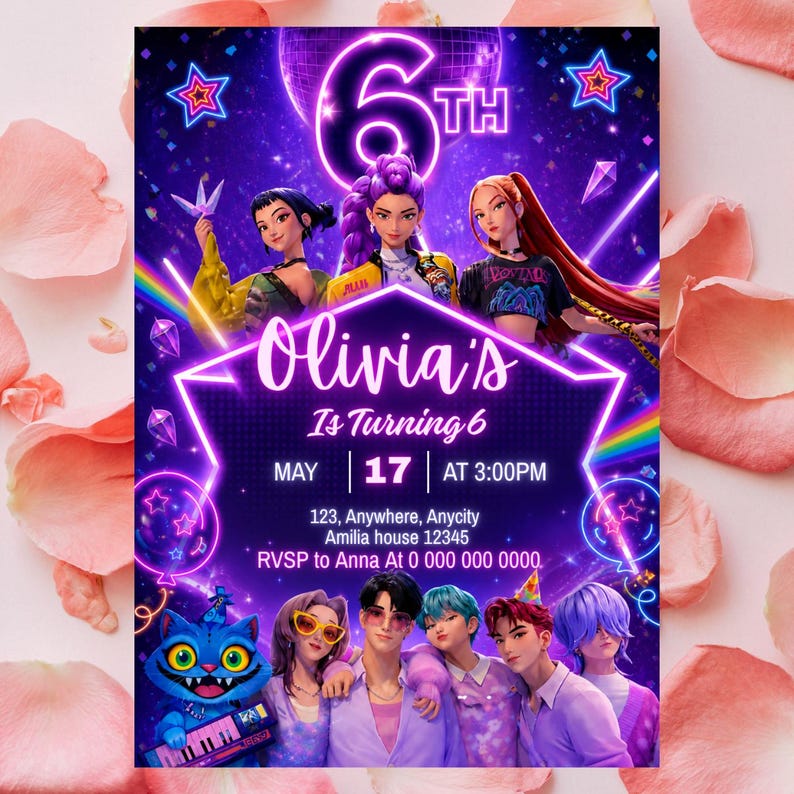 May include: A vibrant birthday invitation with a purple and blue theme. The design features animated characters, the text "Olivia's Is Turning 6", and event details. The date is May 17th at 3:00 PM. Decorative elements include stars and a disco ball.