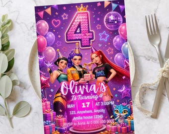 Kpop Demon Hunters 4th Birthday Invitation, Huntrix Birthday Anime Party Invite, Editable Kpop Birthday Invitation, (Digital Download)