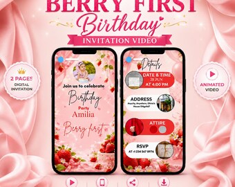Berry First Birthday Invitation Video | Berry Sweet 1st Birthday Invite | Strawberry Birthday Party Video Invite Digital Download