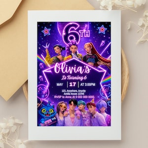 May include: A party invitation with a purple and blue theme. The invitation features a group of animated characters and the text "Olivia's Is Turning 6" with the date and time of the party. The invitation is framed in white.