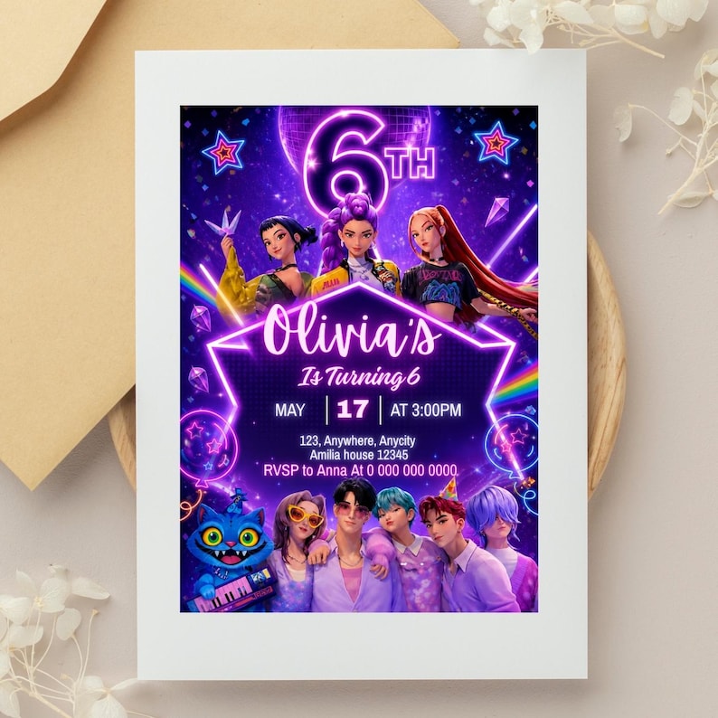 May include: A party invitation with a purple and blue theme. The invitation features a group of animated characters and the text "Olivia's Is Turning 6" with the date and time of the party. The invitation is framed in white.