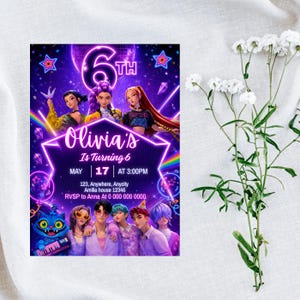 May include: A vibrant birthday invitation with a purple and blue theme. The invitation features the text "Olivia's Is Turning 6" with event details. The design includes cartoon characters and a neon-style font. White flowers are in the background.