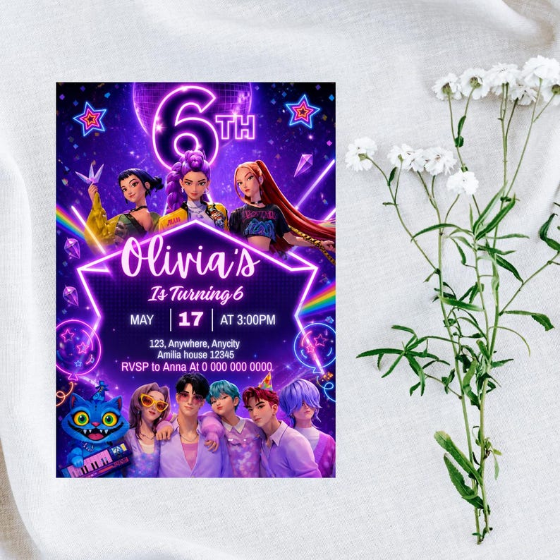 May include: A vibrant birthday invitation with a purple and blue theme. The invitation features the text "Olivia's Is Turning 6" with event details. The design includes cartoon characters and a neon-style font. White flowers are in the background.
