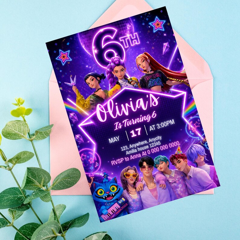 May include: A purple and pink birthday invitation for a 6th birthday, featuring cartoon characters and the text "Olivia's Is Turning 6" with the date and time. The invitation is inside a pink envelope.