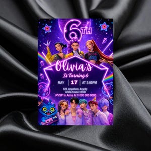 May include: A vibrant invitation for Olivia's 6th birthday party, featuring a neon purple design with cartoon characters and the text "Olivia's Is Turning 6". The date is May 17th at 3:00 PM.